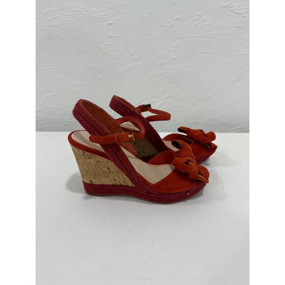 Prada Suede Bow Logo Accent Wedge Slingback Espadrille Sandals Rust Size 37.5 - Picture 2 of 5